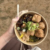 Fried tofu and aubergine toppings  at Pochi - Food Stall in South East London