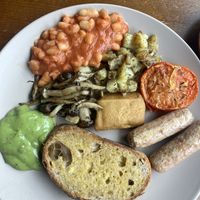 Full vegan breakfast. Sausages, tofu, onoki mushrooms, tomato, homemade beans, avocado smash, fried potatoes and fabulous homemade bread    at The Sheffield Bolthole in Sheffield