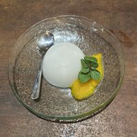 Coconut milk panna cotta with mango sauce at Kagemusha in Ubud