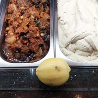 Moussaka (vegan) and hummus at Terrasse Beirut in Paris