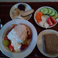 Frühstück mit Frischkornbrei, Sojajoghurt und Obstsalat, Dinkelbrot, Zwiebelschmalz, Räuchertofu, Marmelade und einem Gemüseteller. at Haus Sonne in Aitern