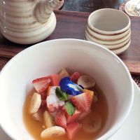 Fruit salad as a starter for breakfast  at Fivelements in Mambal