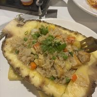 Pineapple fried rice, ordered vegan by omitting the pork and egg.  at Blu Basil Asian Fusion in Lafayette