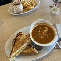 twister wrap with fries and pesto grilled cheese with tomato bisque  at Native Foods - Point Loma in San Diego