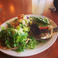 Portobello and Sausage Burger with a side of potato salad and lavender lemonade to wash it down! at Native Foods - Point Loma in San Diego