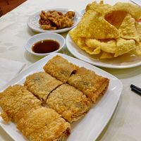 Pan Fined Soya Skin Stuffed Rolls , Fried wonton Wrapping and Deep Fried Vegetarian Spare  at Graceful Vegetarian in Markham