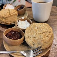 Savory scones + extra jam and clotted cream (all vegan) at VESTIGES in Paris