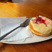 Raspberry & White Chocolate Doughnut. at Porth Y Brenin in Wales