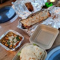 Naan burger, sate, wrap and a chickpea thingy at Veggiesaurus in The Hague