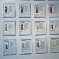 Wall of juice signs at Pure Green - Dean Street in Brooklyn