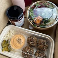 Tempeh balls, 3 x salads, sambal, tahini dressing and beetroot gut tonic to takeaway   at Gut Feeling Fermentation  in Port Elliot