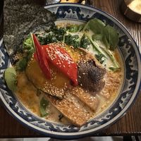 Creamy ramen (soy milk in the broth, with inari and acorn squash on top)  at Hinodeya in Newark