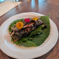 Seaweed battered crispy root veg in shiso leaf at Baroo in Los Angeles