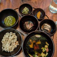 Bansang - feat. artichoke, morel mushroom, scallion pancake, dried radish leaf soup, wild mountain greens rice at Baroo in Los Angeles