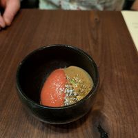 Dessert - house made strawberry sorbet with hazelnut cream and crumbled pistachio at Baroo in Los Angeles