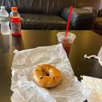 Cinnamon raisin bagel with peanut butter and cold brew coffeee  at Gunther Tooties in Quincy