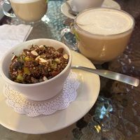 Quinoa bowl and Oatmilk London Fog on the patio  at Le Ponce in New Orleans