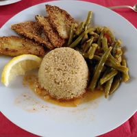 fried celery schnitzel with quinoa and fresh beans at Moosmuehle in Hefenhofen