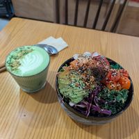 Pistachio latte, sashimi bowl at Vego Coffee - 齋啡 in Kowloon