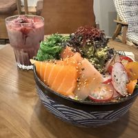  Sashimi bowl and beetroot iced latte  at Vego Coffee - 齋啡 in Kowloon