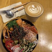Mixed vegan sashimi salad bowl & oat milk latte @Vego Coffee   at Vego Coffee - 齋啡 in Kowloon