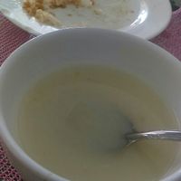 Segundo plato: sopa de papa y arroz. Todo vegano at Comedor Vegetariano in Mexico City