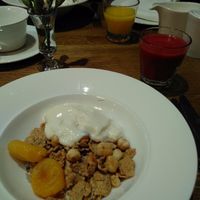 Vegan granola, bran flakes, yogurt, dried fruits, nuts at Yewfield in Ambleside