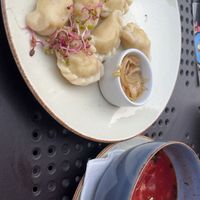 potato pierogi and borsch (make sure to ask for vegan)  at MEEPLES RESTOBAR in Województwo Małopolskie