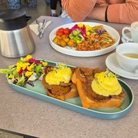 Breakfast platter + eggs benedict at Tranzit by Flow in Budapest