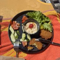 Falafel burger without the bun  at Barbarossa Seaside in Rhodes