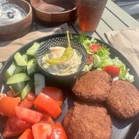 Falafel burger without the bun, with humus and greens   at Barbarossa Seaside in Rhodes