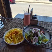 Salad, salad, fries n strawberry smoothie at Barbarossa Seaside in Rhodes