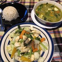 Green curry tofu, stir fried veg tofu, brown rice = 180 baht  at Mama Pooh's Kitchen in Koh Phangan