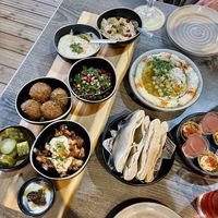 Mezze Plate! (Tzaziki is not vegan)  at Zula Mediterranean Restaurant and Hummus Bar in Riga