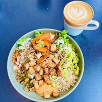 Tofu bowl and oat latte   at Plantan Bístró in Reykjavik