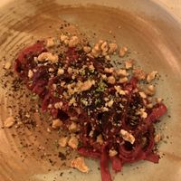 TAGLIATELLA DI RAPA ROSSA, GRANELLA DI NOCI CON COUS COUS DI POMODORI  at Ristorante Burro Salato - Cucina Francese e Lucana a Matera in Basilicata