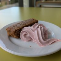 apricot and nectarine cake + strawberry soft serve ice cream at Community Cafe in North London
