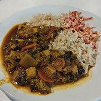 Creamy mushroom and cabbage stew (soya) with brown rice and mix vegetable salad at Community Cafe in North London
