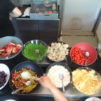 Only cottage cheese and potato salad weren't vegan at one summery Wednesday. Plus very good bread rolls and pea paste and mushed avocado. at Ravintola Huvila in Uusimaa