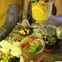 (left to right) instahummus, crunchy gnocchi, venus drink, mona lisa, olives   at Bubita Bar in Barcelona