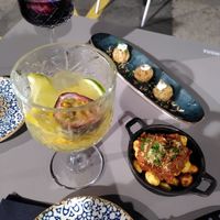 Alcohol free sangria Jessica and Mona Lisa  with croquettas en gnocchi tapas at Bubita Bar in Barcelona