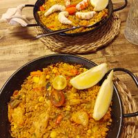 Paella heurA y otra de marisco vegano at Bubita Bar in Barcelona