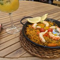 Seafood paella and Mona Lisa sangria at Bubita Bar in Barcelona