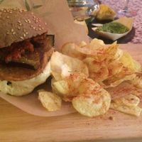 burger with hummus  at Bubita Bar in Barcelona