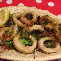 Favourite dish, incredible how "calamari" the texture is: made of soja, trigo and konjac at Bubita Bar in Barcelona