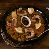 Paella with fake shrimp at Bubita Bar in Barcelona