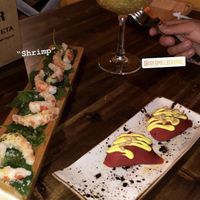 Vegan shrimp and red pepper parcels, had a tofu style ricotta inside  at Bubita Bar in Barcelona