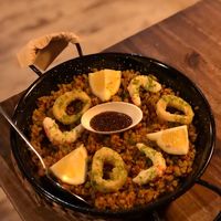 paella with vegan calamari + shrimp at Bubita Bar in Barcelona