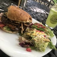 Burger and salad with cucumber juice   at Avocado Vegetariano - Santa Gertrudis Copo in Merida