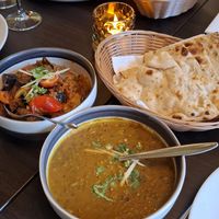 Aubergine Masala Bliss, Annapurna Himali Dal and naan bread at Base Camp Indian Kitchen in Cardiff